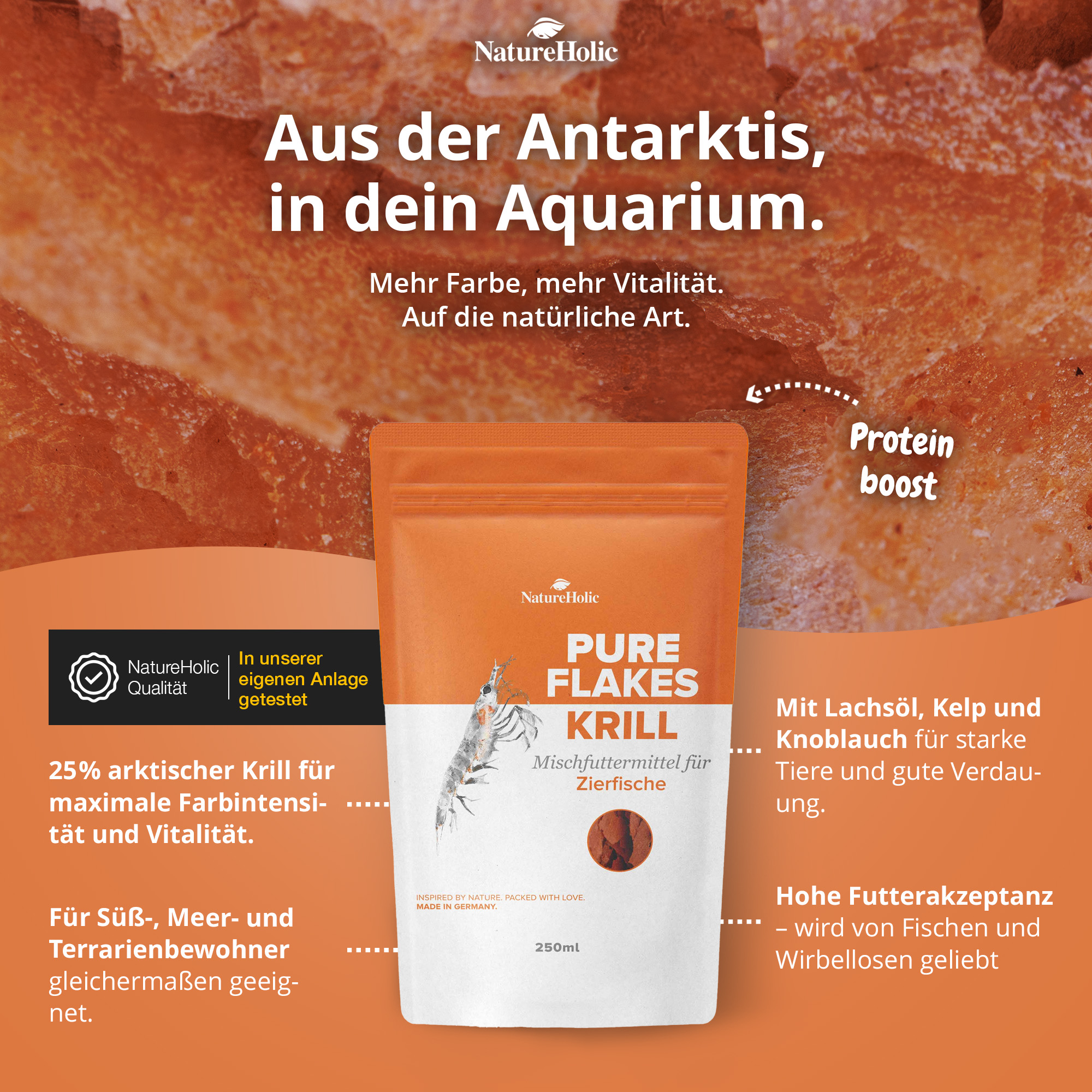 NatureHolic Pure Flakes Krill Beutel vor orangem Hintergrund
